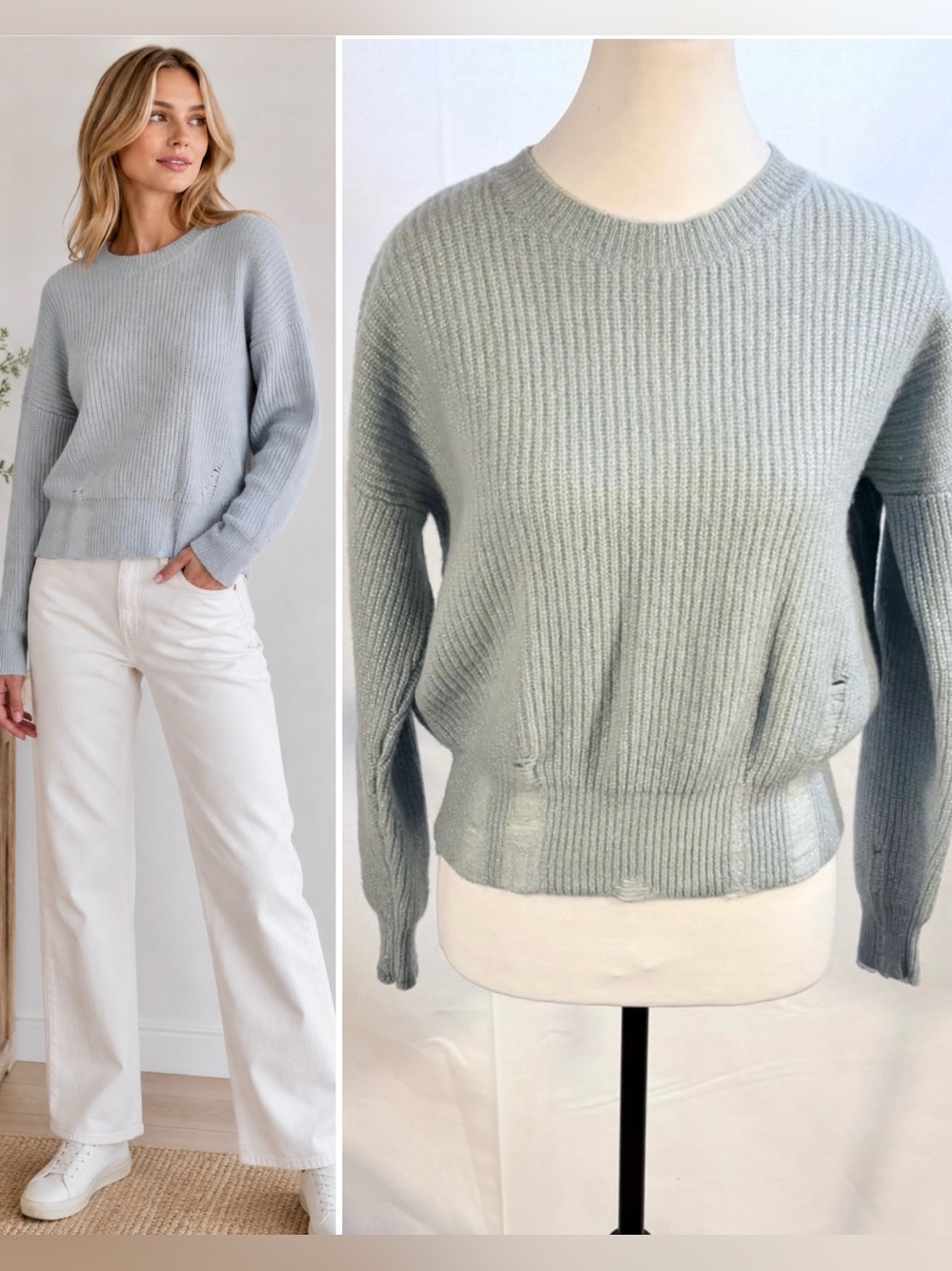 ♨️27 Miles Malibu Kacey Metallic Ice Blue Distress Cashmere Sweater Size Small🧡